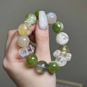 14mm Natural Green Ghost Crystal Bracelet | Spiritual  Jewelry | Xiuyan Jade & Snowflake Phantom Bracelet for Women