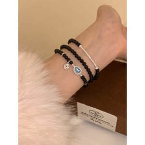 Natural Aquamarine & Black Obsidian Triple Wrap Bracelet -  Crystal Jewelry for Protection & Serenity