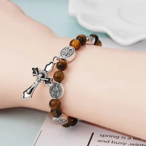 Vintage Natural Tiger Eye & Onyx Beaded Bracelet with Cross Charm | Retro Spiritual Handcrafted Jewelry for Men & Women