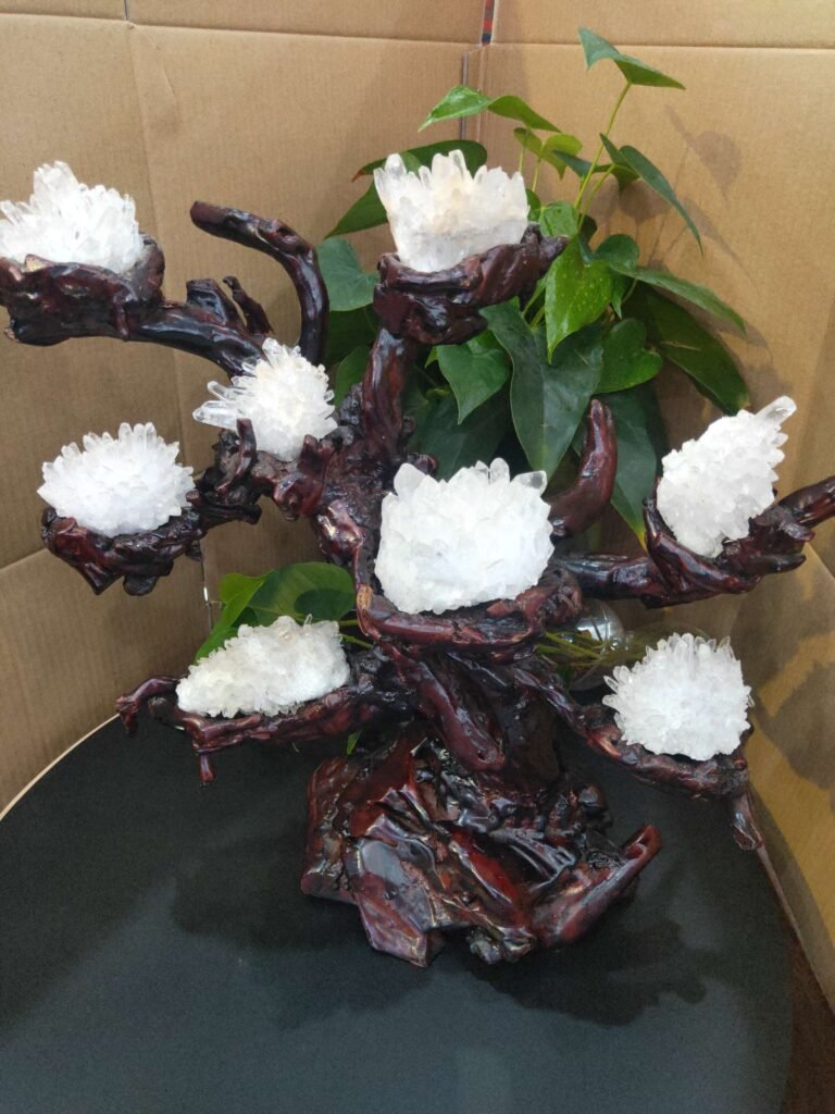 A stunning display of modern raw crystals, quartz towers, and agate slices glowing under soft aesthetic lighting.