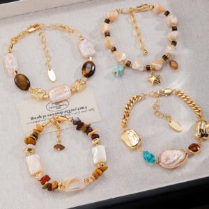 NALA 2026 Spring Collection: Maillard Style Unisex Beaded Bracelet – Baroque Pearls, Natural Tiger Eye & Turquoise with 18K Gold Plated Eco-Copper
